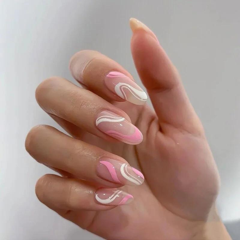 24pcs Pink False Nail Micro Clear Cute Fake Nails Press On Nail Long Nails With Rhinestones Summer Nail Art Decoration 515-1-Nail Inspo