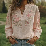 Women's Rose Art Pattern V-neck Loose Blouse - Image 2