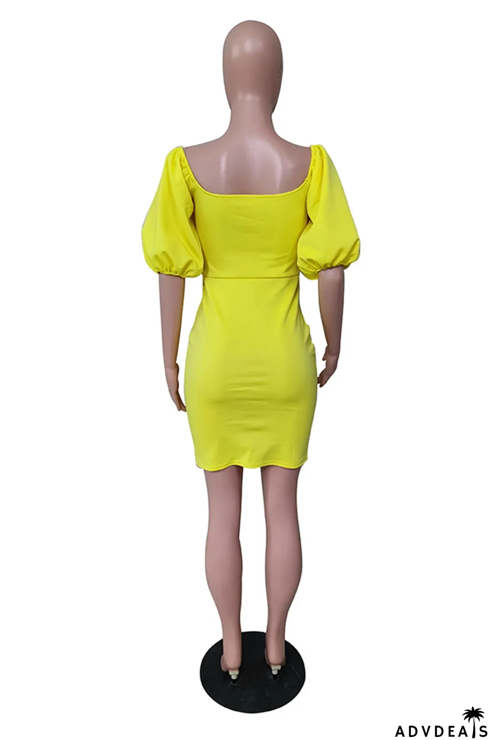 Yellow Sexy Casual Solid Basic Square Collar Short Sleeve Dress