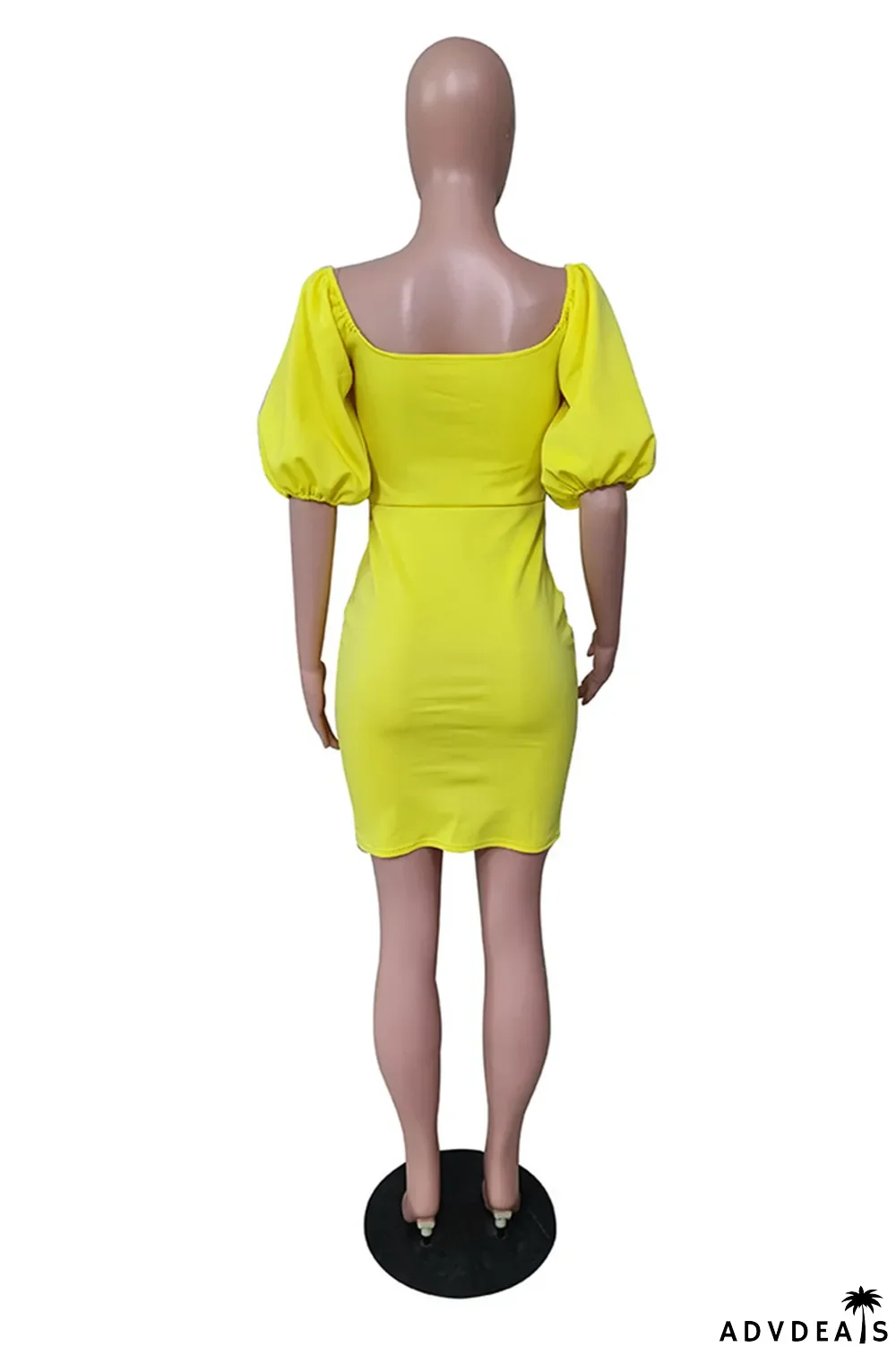 Yellow Sexy Casual Solid Basic Square Collar Short Sleeve Dress