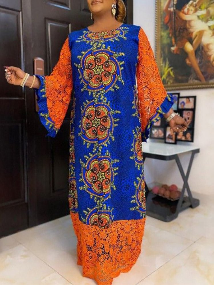 Print Lace Patchwork Long Sleeve Round Neck Maxi Dress SKUJ19353 QueenFunky