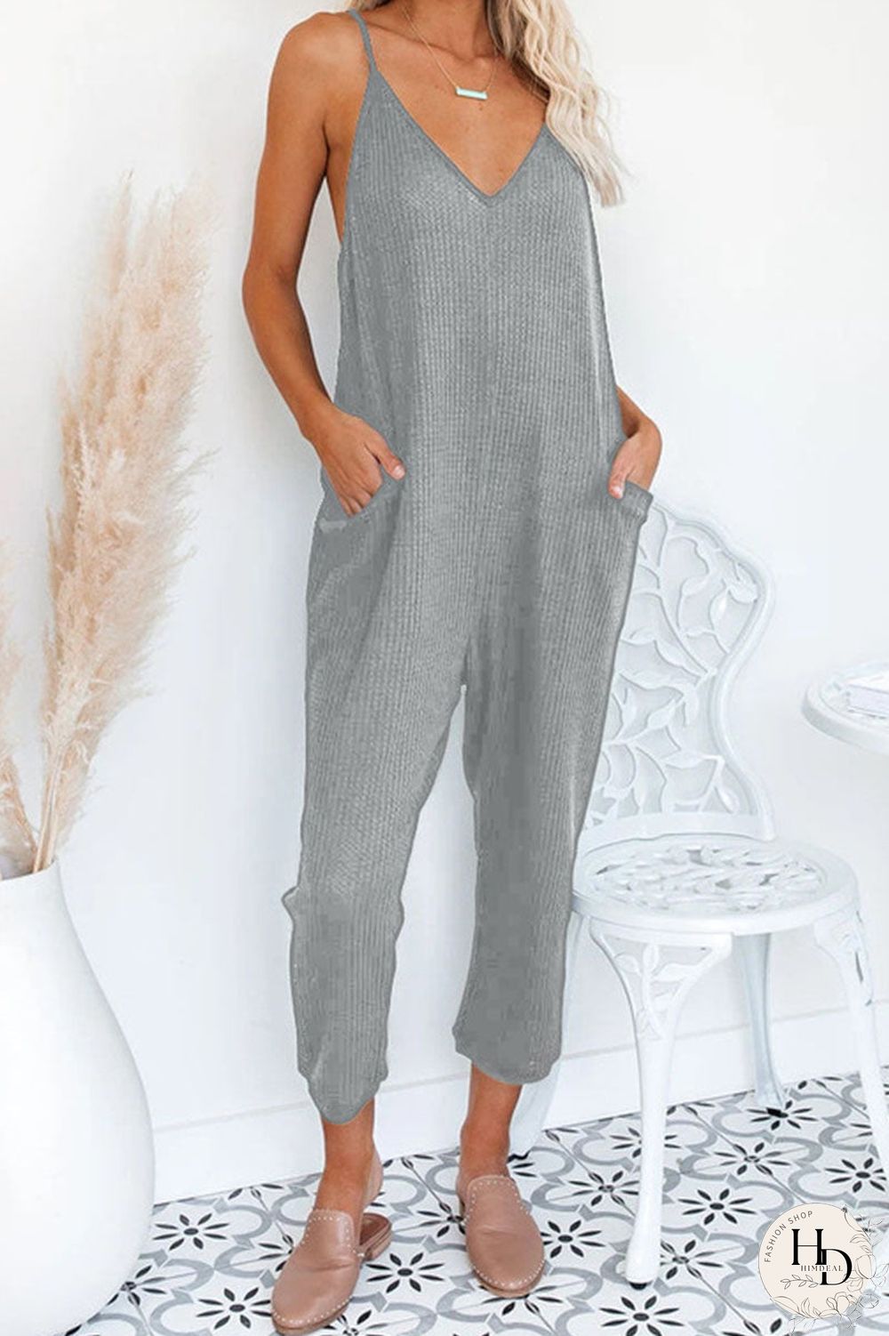 Fashion Street Solid Pocket V Neck Loose Jumpsuits(4 Colors)