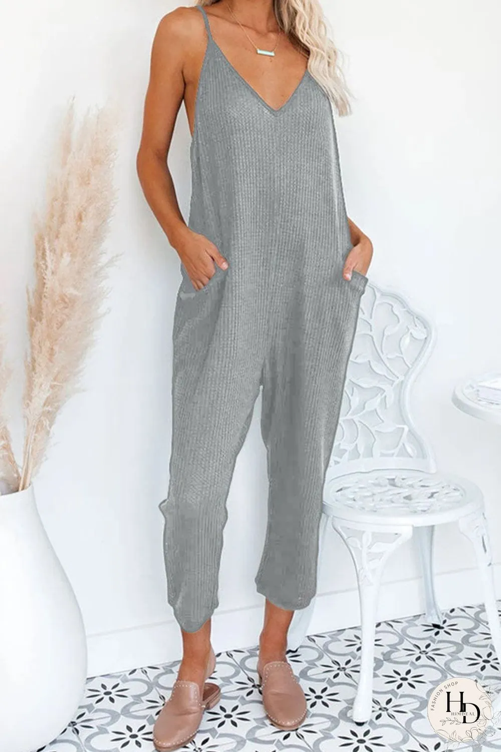 Fashion Street Solid Pocket V Neck Loose Jumpsuits(4 Colors)