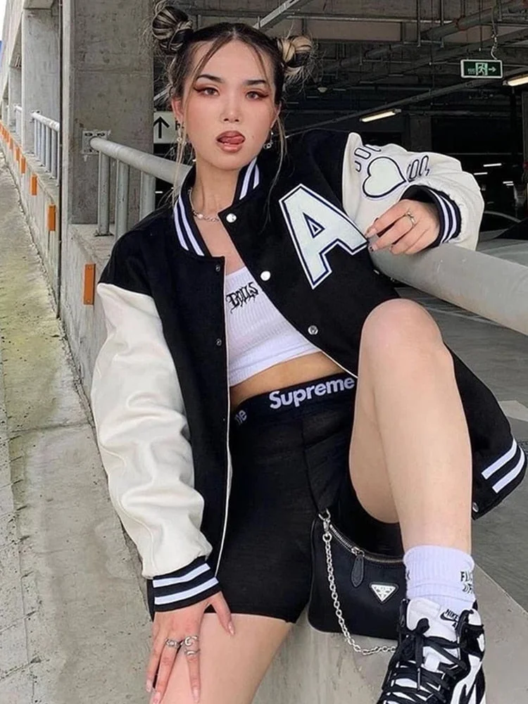 WannaThis Cotton Women Pocket Jacket Patchwork Baseball Long Sleeve Button Letter embroidery Harajuku Fashion Autumn Jacket 2021