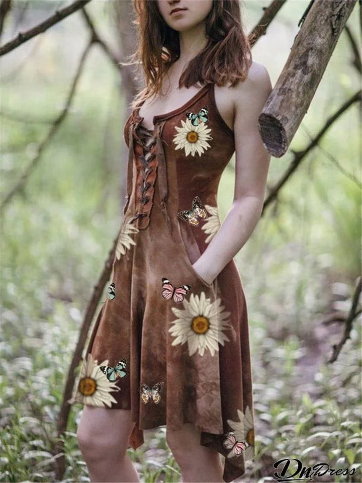 Stylish Front Lace Up Sunflower Printed Asymmetric Design Dress