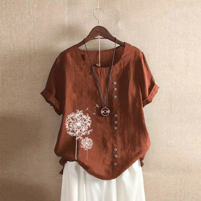 Wicketwarriorss Leisure Dandelion Print Blouse Lady Summer Retro Casual Loose Short Sleeved Pullover Cotton Linen Shirt For Women's Clothing