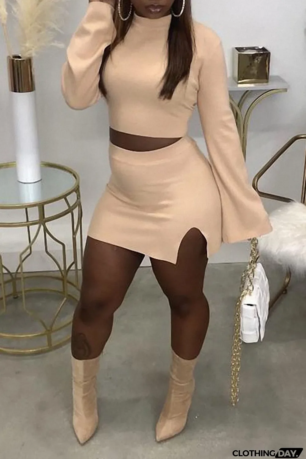 Light Green Casual Solid Split Joint Slit Half A Turtleneck Long Sleeve Two Pieces