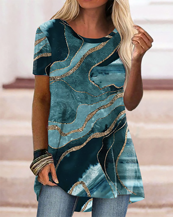 Casual Marble Print Crew Neck Short Sleeve Top