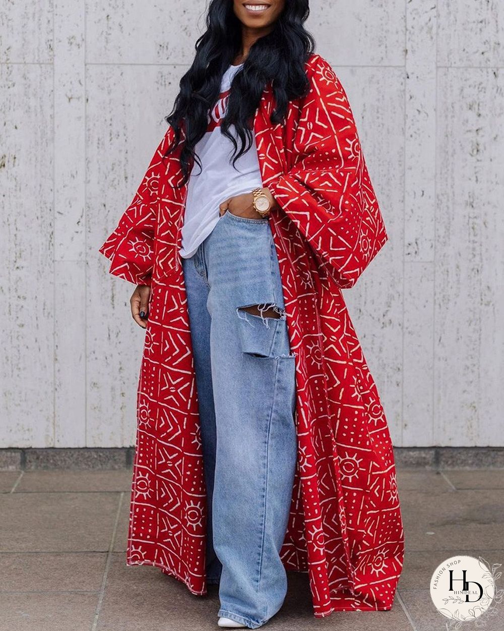 Bell Sleeve Graphic Print Longline Coat