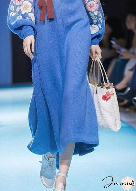 Modern Blue V Neck Print Tie Waist Cotton Knit Long Sweater Dress Winter