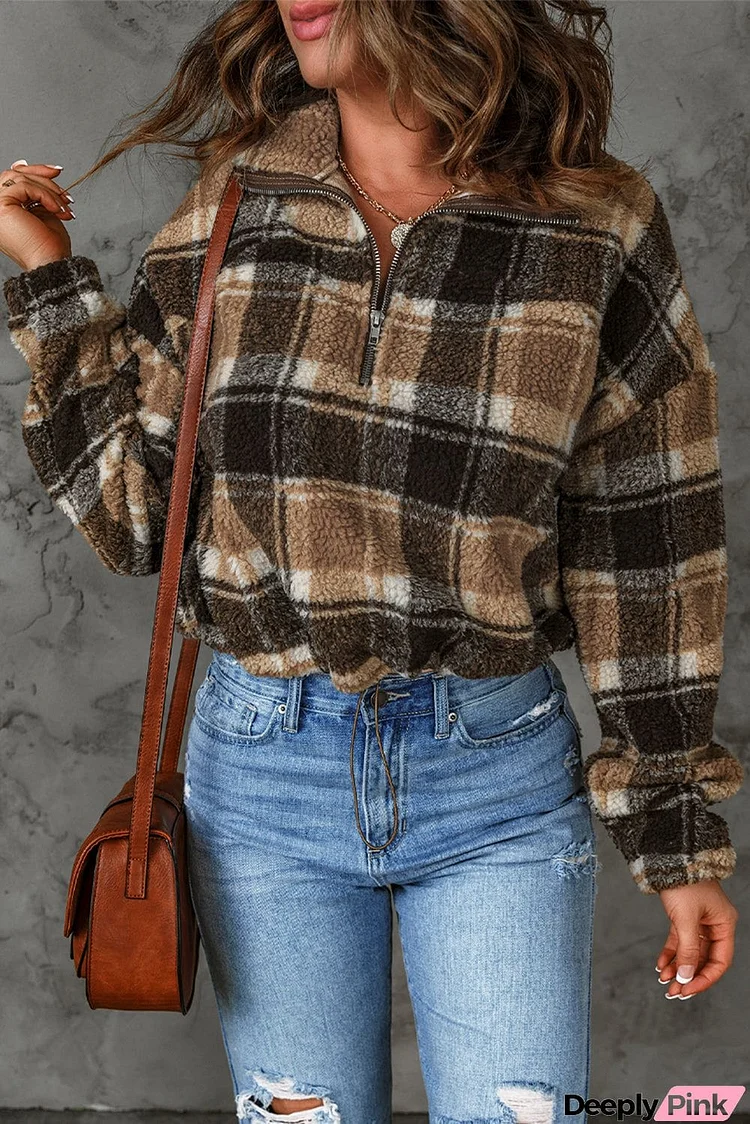 Zip Collar Plaid Pattern Fleece Sweatshirt