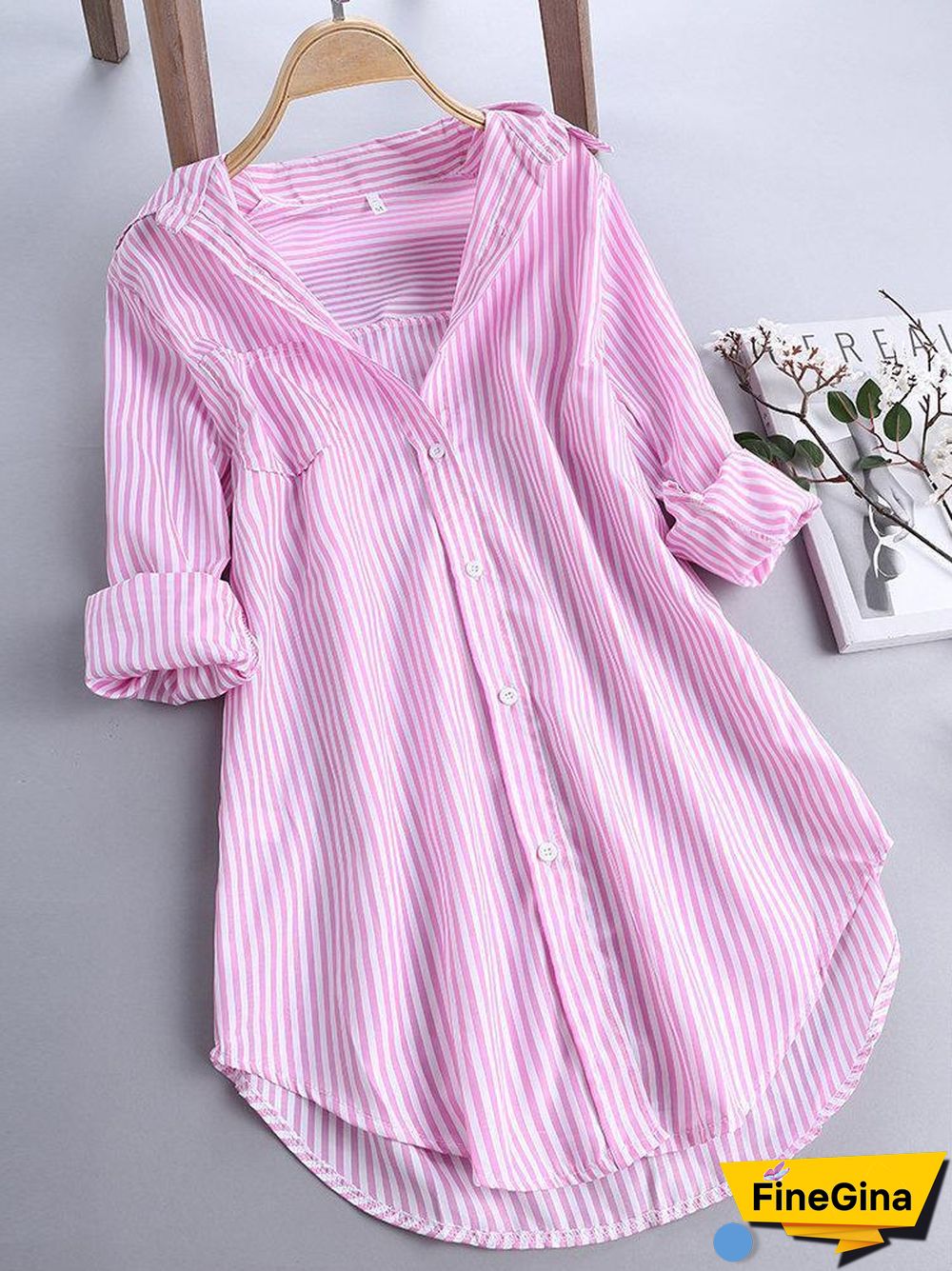 Chic Stripe Long Sleeve Turn-down Collar Loose Shirts