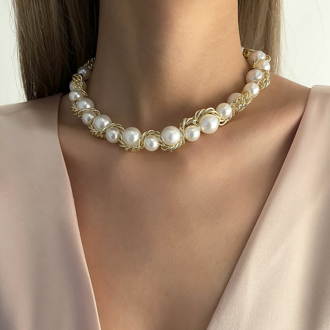 Vintage Metal Twisted Woven Style Pearl Necklace
