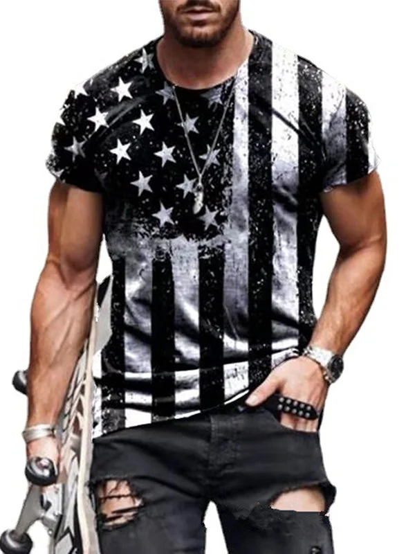 Stars and Stripes Printed Round Neck Loose T-shirt