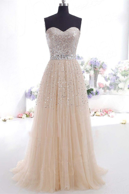 Dresseswow Sweetheart Sequins Prom Dress Long Tulle Party Gowns