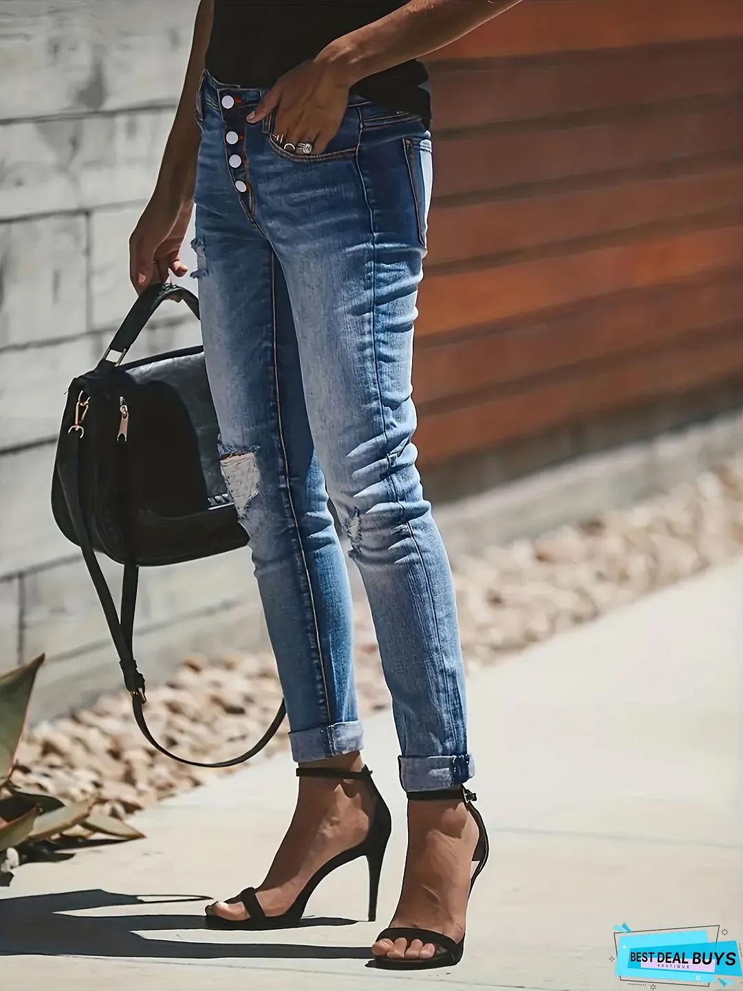 Blue Ripped Holes Denim Jeans, Slim Fit Single-Breasted Button High-Stretch Casual Denim Pants, Women's Denim Jeans & Clothing