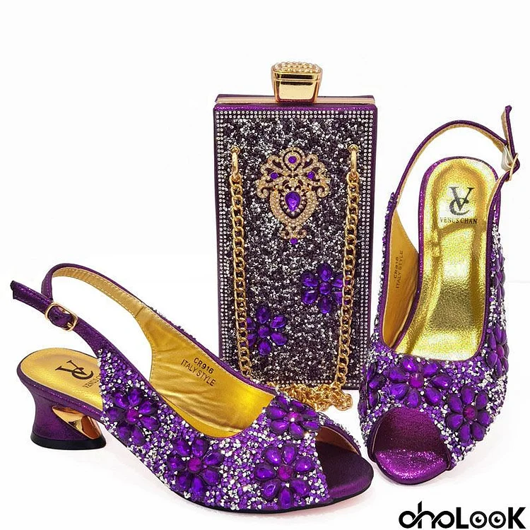 Women Fashion Peep Toe Rhinestone Low Heel Sandals Evening Bag Set