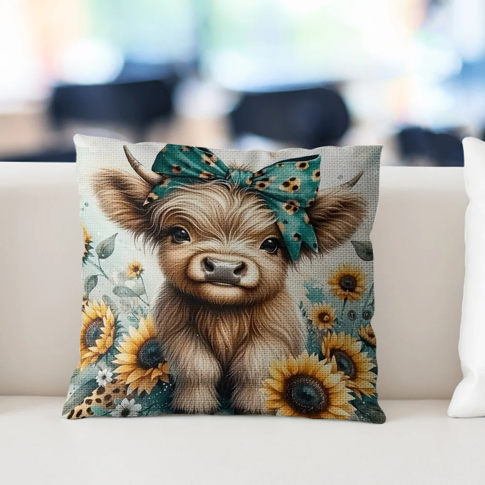 11CT Stamped Cross Stitch Pillowcase - Sunflower Highland Cow(Canvas|45*45CM)