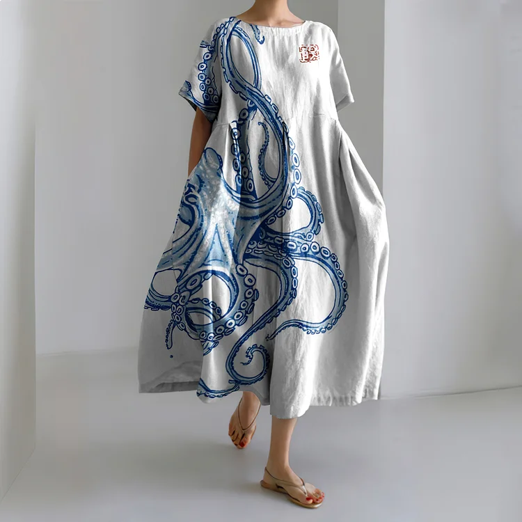 Vintage Japanese Art Octopus Print Casual Midi Dress