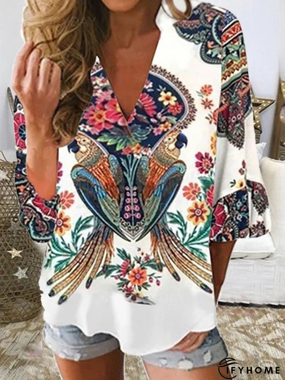 Printed Cotton-Blend Short Sleeve Casual Tops | IFYHOME