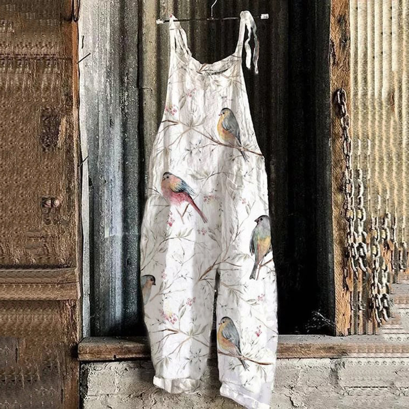 Comstylish Flower And Bird Art Print V-Neck Casual Jumpsuit