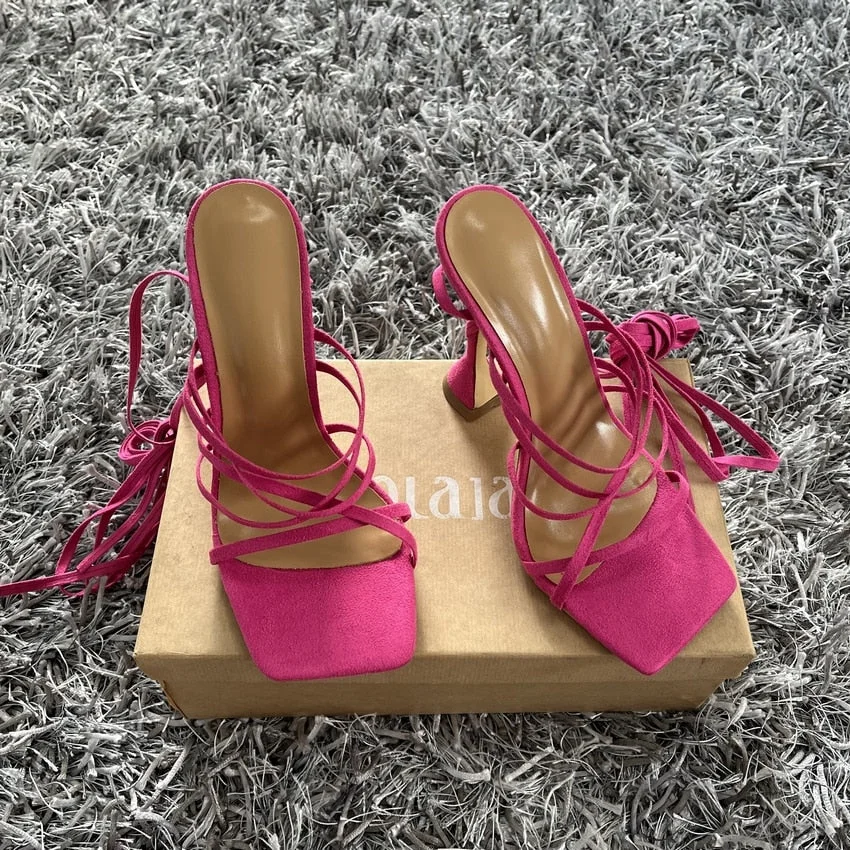 2022 Summer Green Orange Women Sandals Fashion Cross-Tied High Heels Shoes Sexy Lace Up Party Pumps shoes Woman Size 35-42