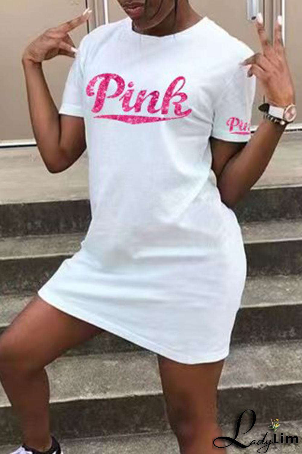 Pink Fashion Patchwork Sequins O Neck Pencil Skirt Dresses