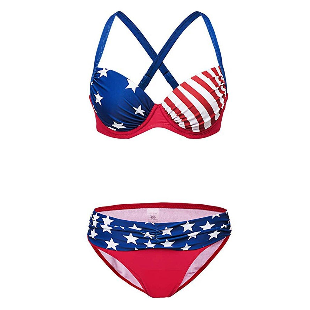 Plus Size American Flag Print Bikini Set Women Strappy Push-up Bra Underwire Swimsuit Female Sexy Bathing Suit Thong Swimwear
