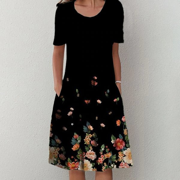 Trendy Floral Print Short Sleeve Midi Dress