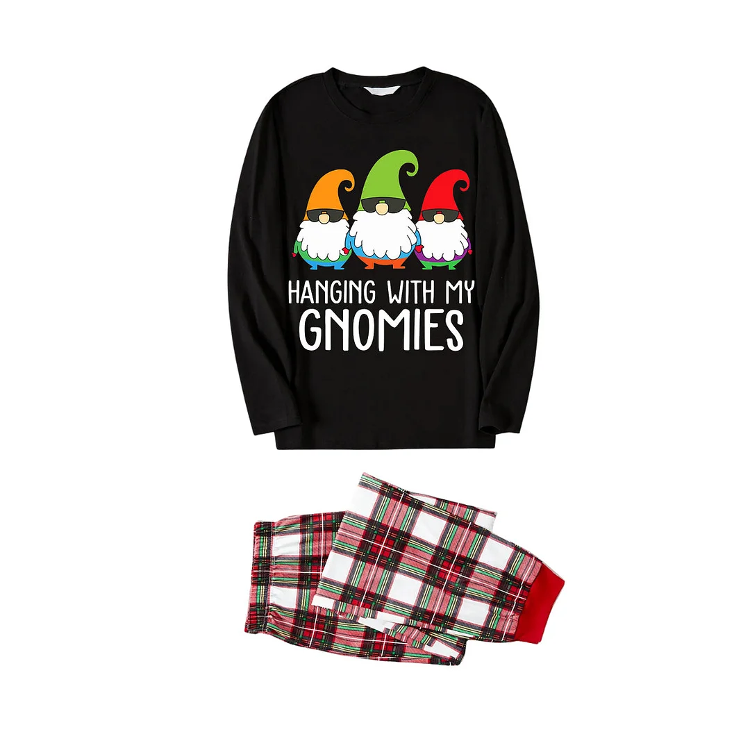 Three Santas "HANGING WITH MY GNOMIES" Monogram Print Black Long Sleeves Top with Red Green and Yellow Plaid Pants Family Matching Pajamas