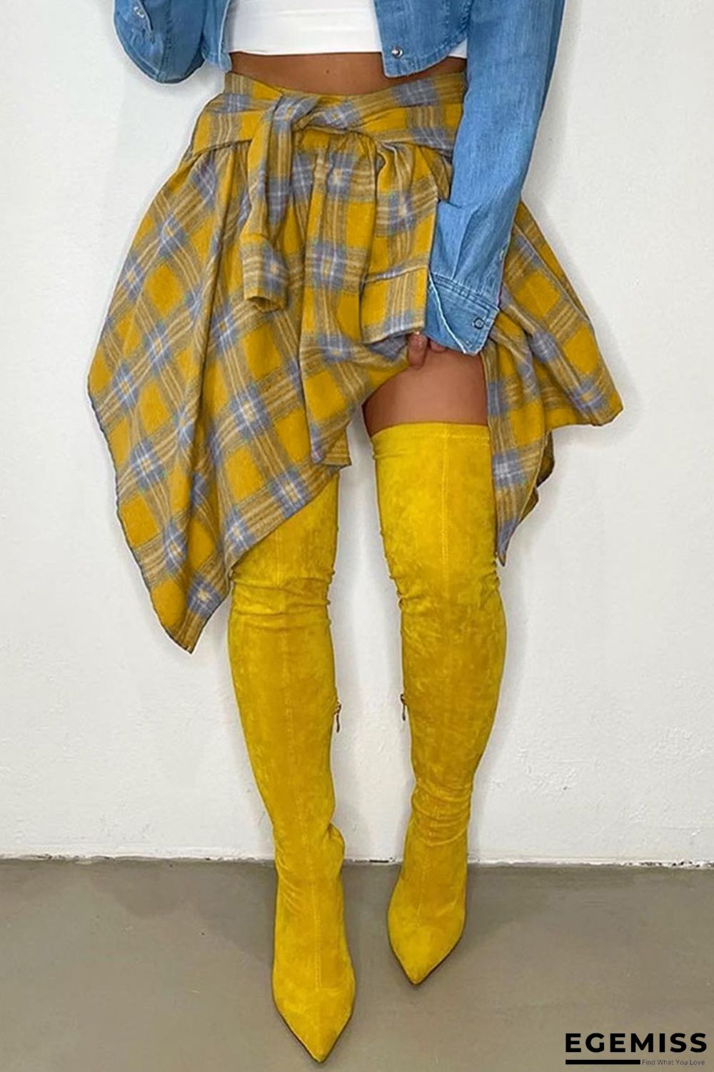 Yellow Fashion Street Plaid Print Bandage Patchwork Asymmetrical High Waist Type A Full Print Bottoms | EGEMISS