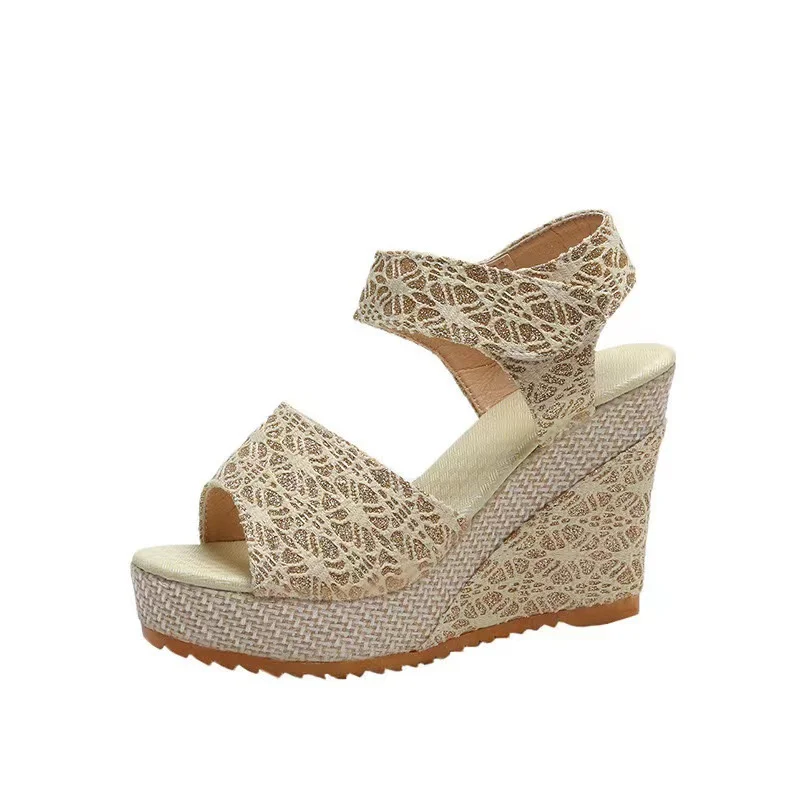 Breakj Breakj Summer New Slope And Fish Mouth Sandals Women's Casual Loose Cake Thick-Sed High-Heeled Magic Sticker Women's Shoes