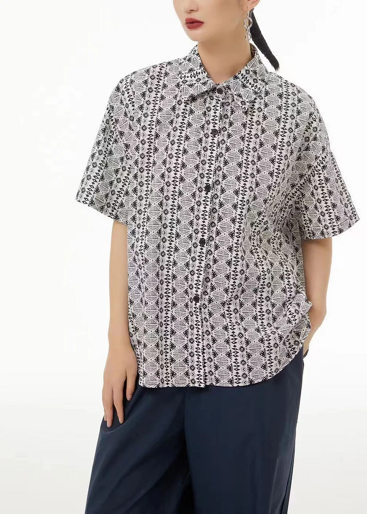 Elegant Light Grey Peter Pan Collar Print Cotton Shirt Top Short Sleeve