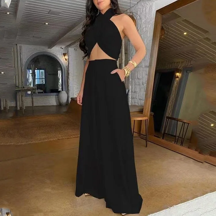 Casual solid color Halter top and Wide Leg Pants Two Set