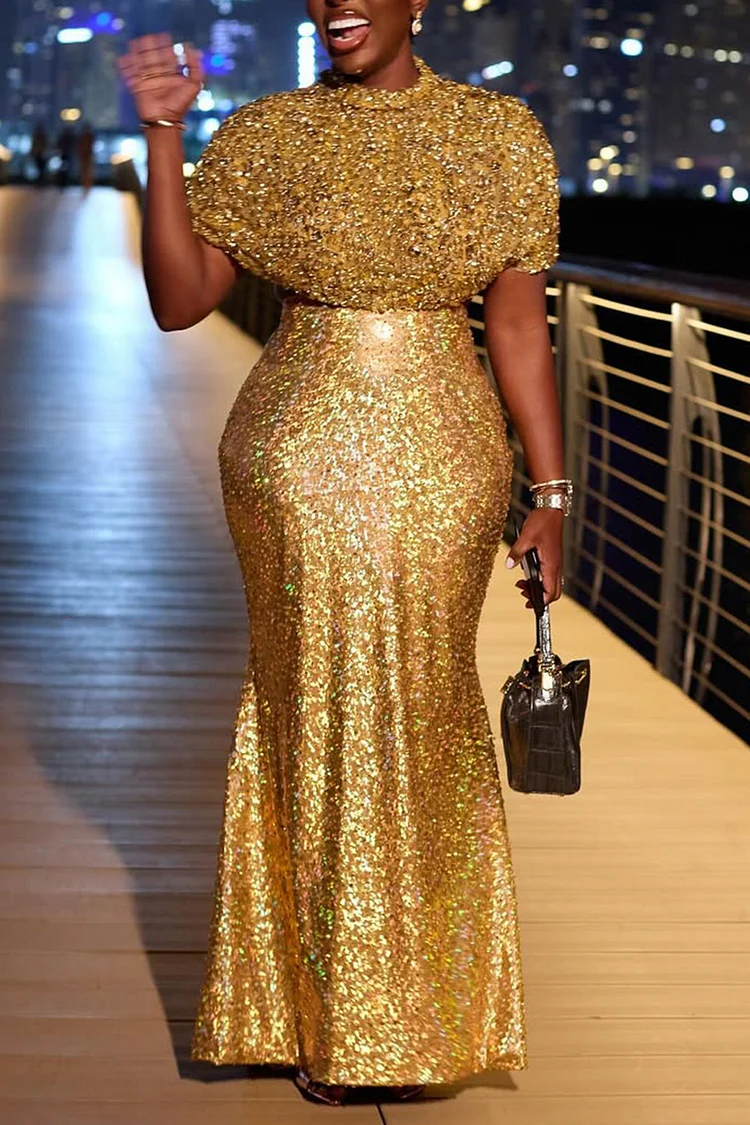 Plus Size Formal Gold Round Neck Short Sleeve Contrast Elegant Bodycon Sequin Maxi Dresses [Pre-Order]