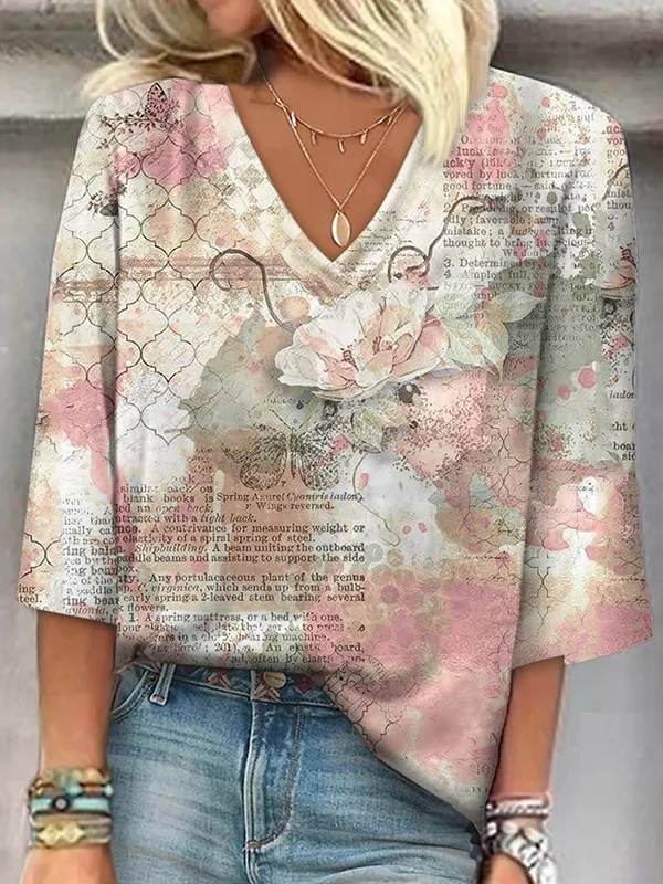 Flower Print Letter Print Loose Plus Size V-neck T-Shirts Tops