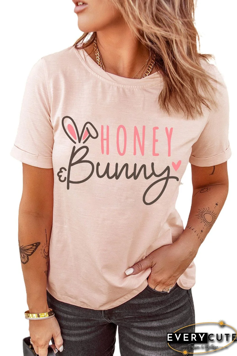 Pink HONEY Bunny Graphic Cuffed Sleeves T-shirt