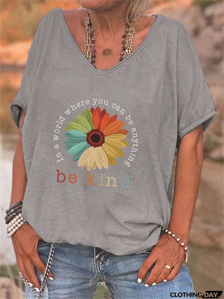 Women&rsquo;s Colorful Sunflower Print V Neck T-shirt