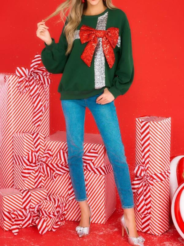 New autumn and winter bow fashion round neck long sleeve sequin splicing Christmas sweatshirt