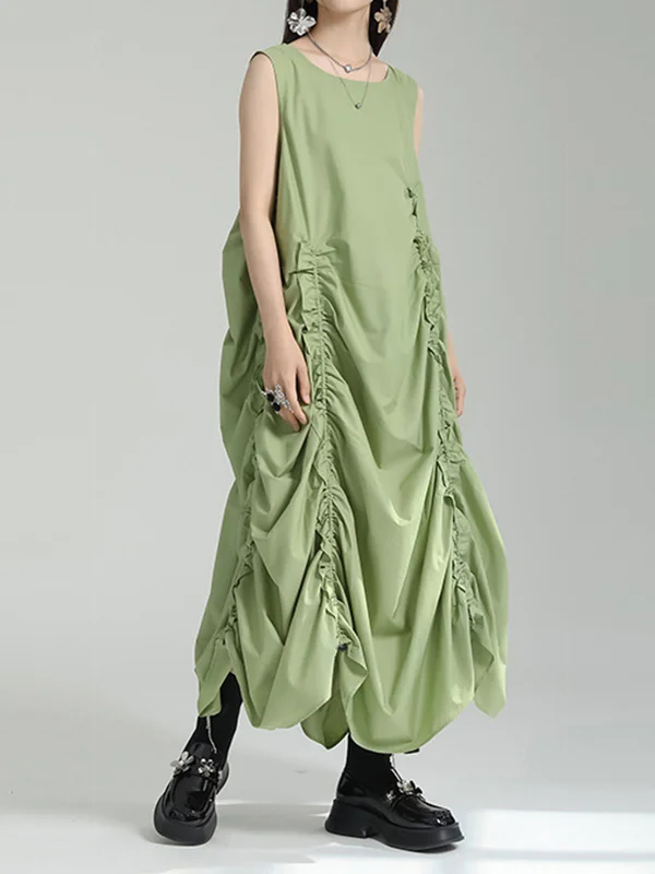 Irregular Clipping Loose Solid Color Round-Neck Midi Dresses