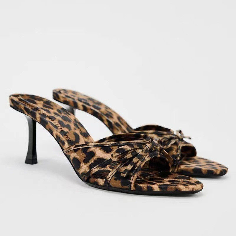 Fashion Leopard Print Bow Pointed Toe High Heel Slippers 2024 - Flycurvy 