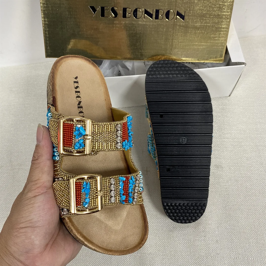 Classic Designer New Retro Ethnic Style Gold Buckle Spot Drill Decorative Hollow Open Toe Women Slippers Flat za woman 2021