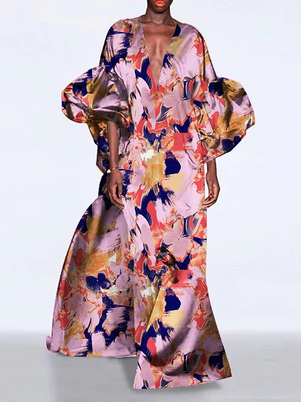 A-Line Long Sleeves Flower Print Pleated Split-Joint V-Neck Maxi Dresses