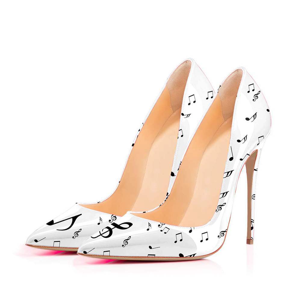 VCSHOES Women Music Notes Printed Leather Pumps Stiletto Thin Heels High Heels Woman Shoes Celebrity High-heeled Zapatos Mujer