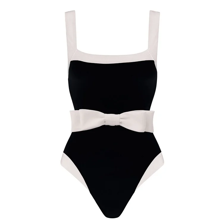Bowknot Decor Color Block One Piece Swimsuit And Skirt In Black