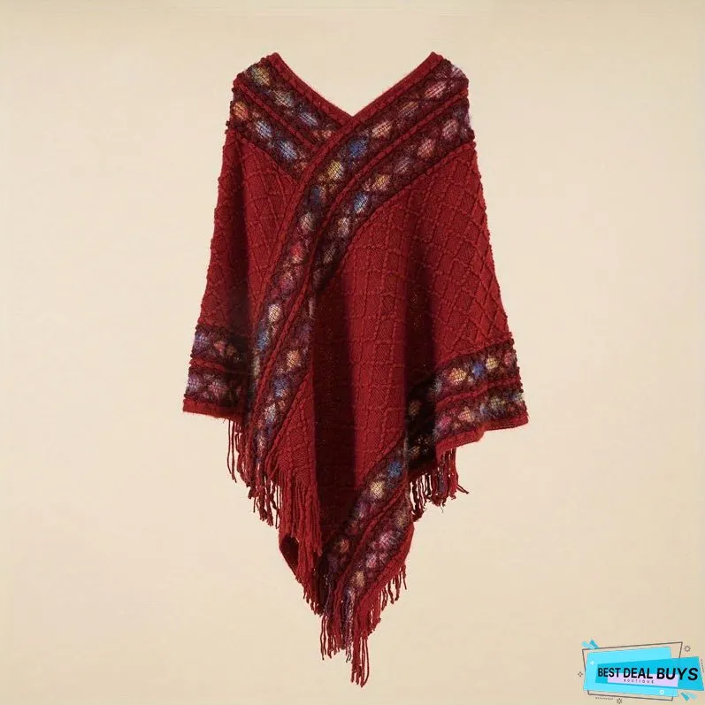 Pullover Woven Shawl Large Warm Fringed Shawl Wrap Windproof Shawl Cape For Casual Outdoor