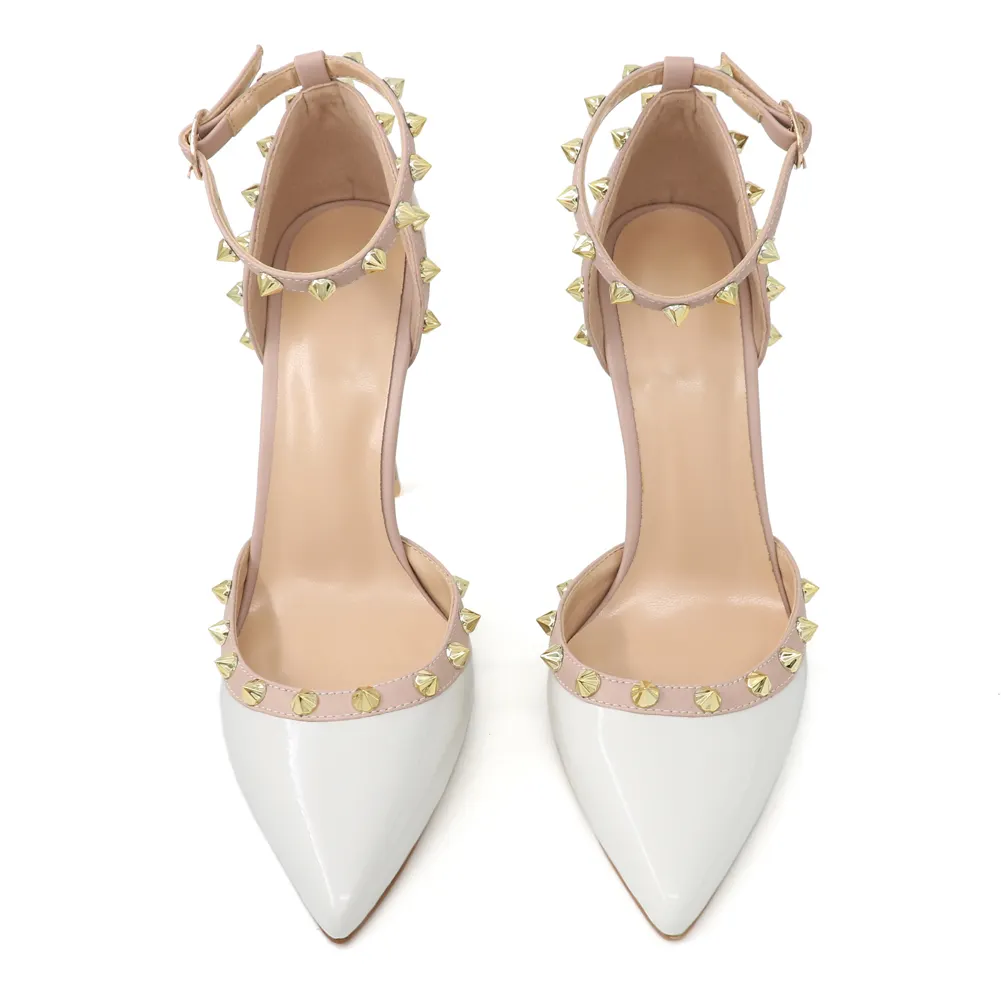 100mm Womens Pointed Toe Pumps Golden Point Rivets Ankle Strap Sandals-vocosishoes