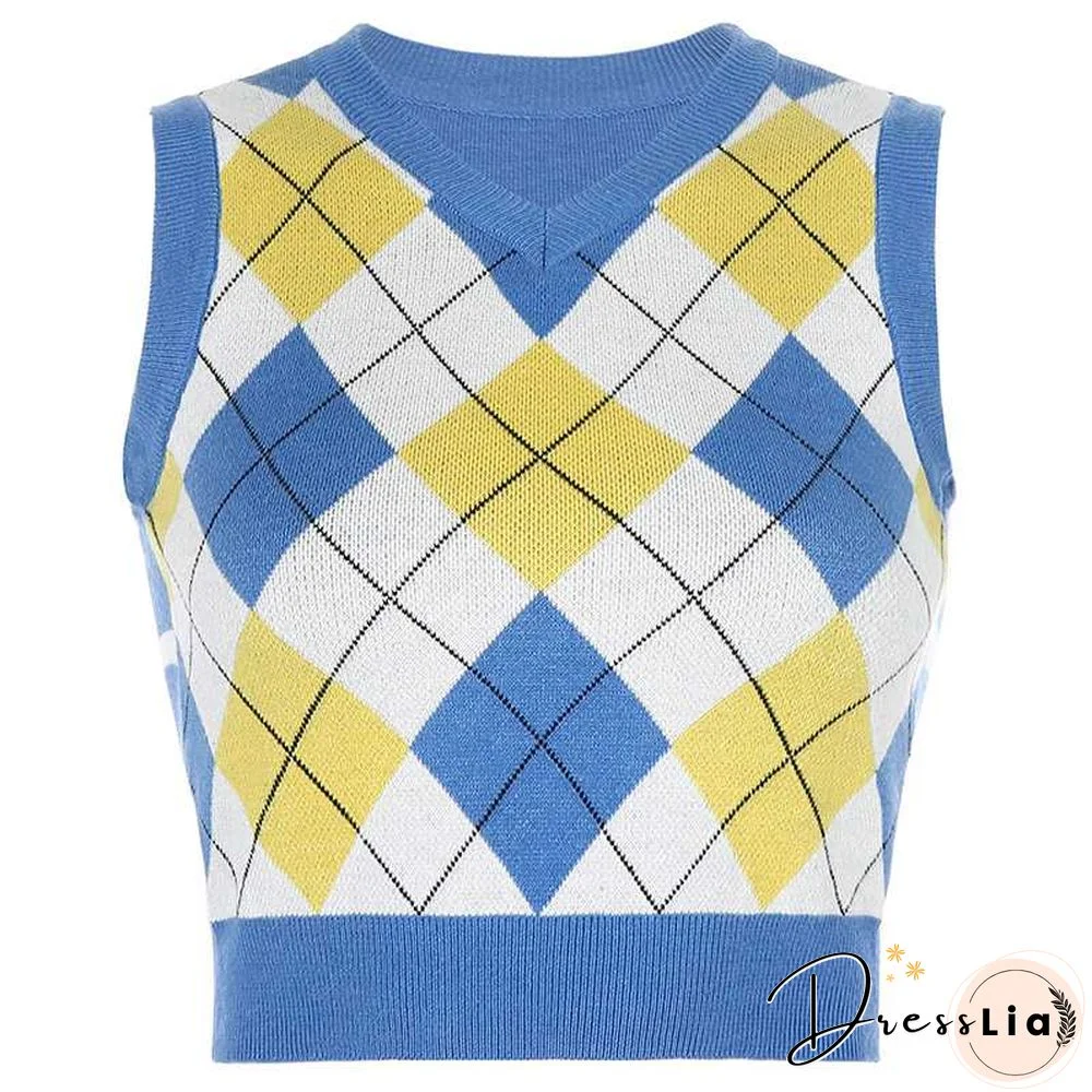 Checkered Cropped Knitted Tank Argyle Sleeveless Jumper