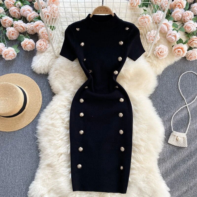 Croysier Summer Clothes For Women 2021 Mock Neck Short Sleeve Sexy Mini Knitted Dress Office Lady Button Elegant Bodycon Dress