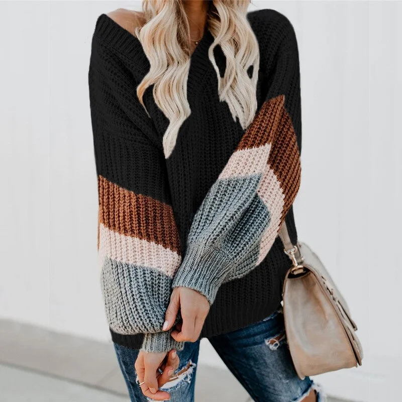 New 2021 Autumn Winter Women's Sweaters V-Neck Sweater Minimalist Tops Fashionable Lantern Sleeve Knitting Casual Solid Sweater